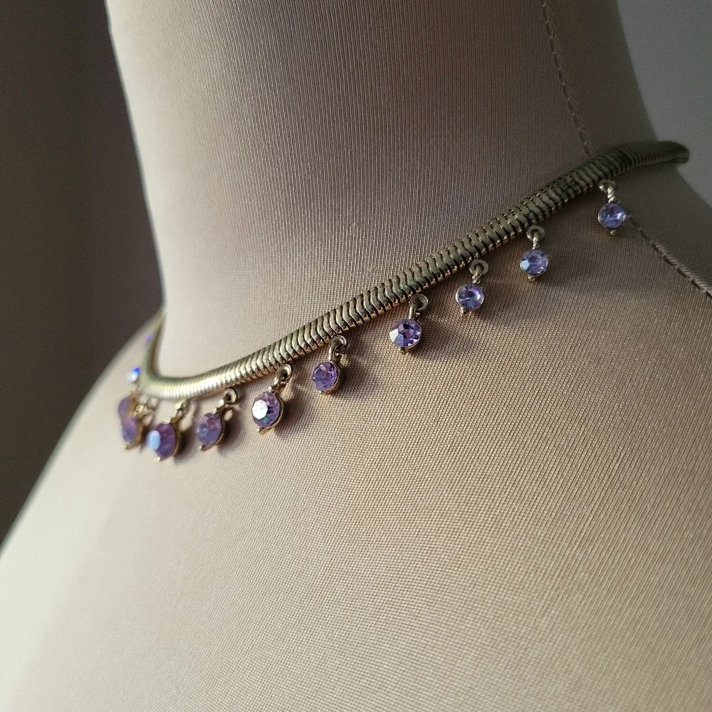 Stunning Gold Toned Choker Necklace with‎ Purple Crystal Drops